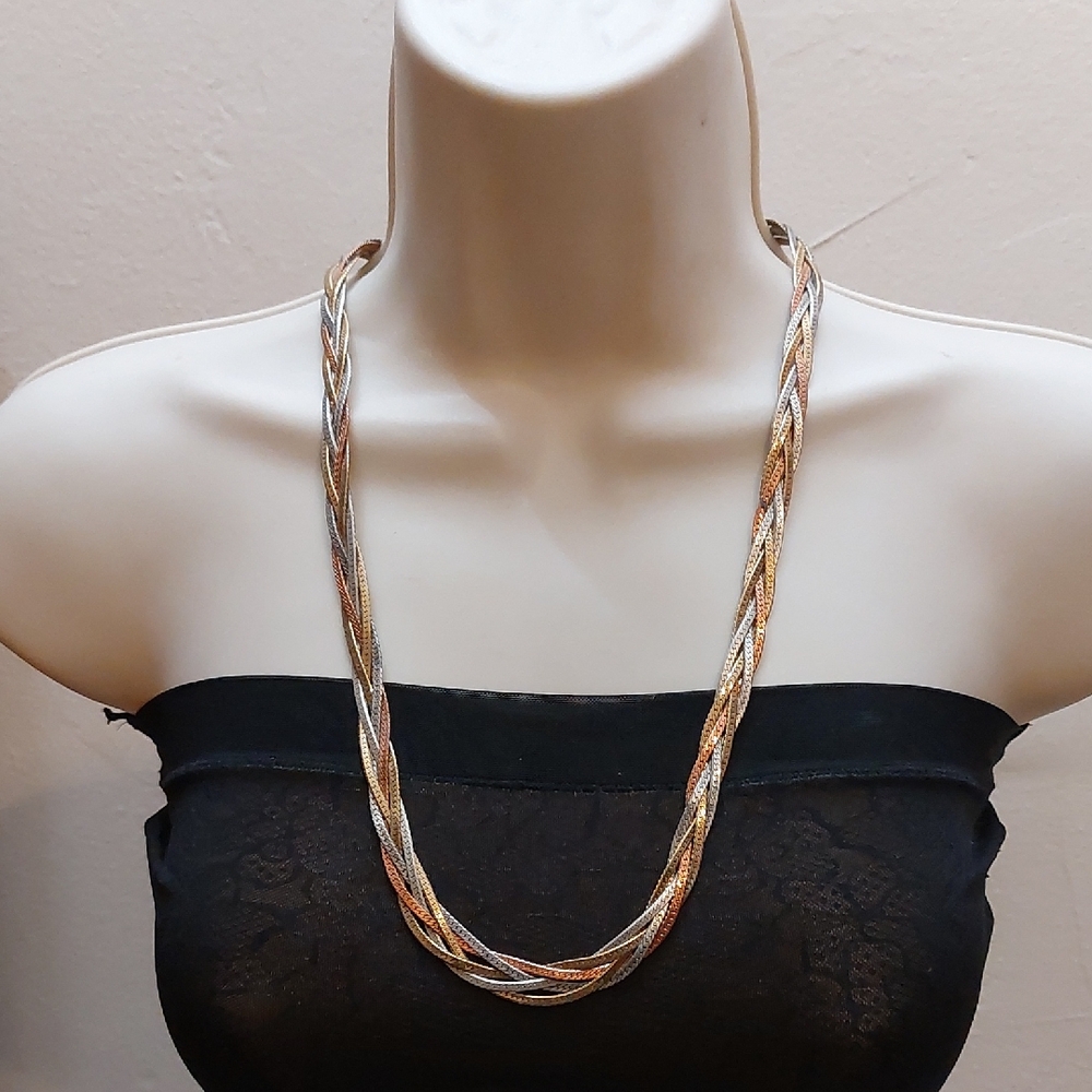 Mixed Metal Copper Silver Gold Tone Flat Herringbone Chains Braided Necklace 26"